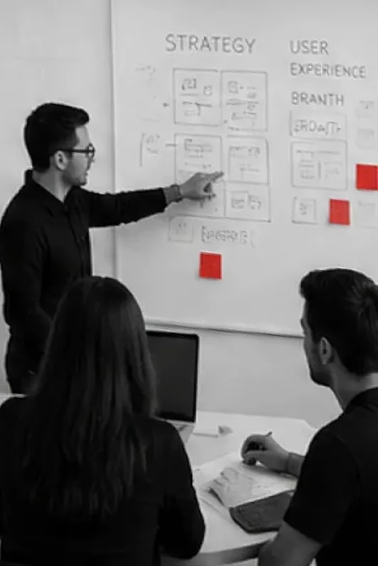 A team mapping strategy, user experience and growth on a whiteboard
