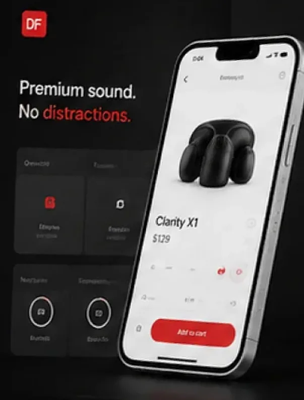 A headphone product page designed for a mobile app, with the Clarity X1 listing open