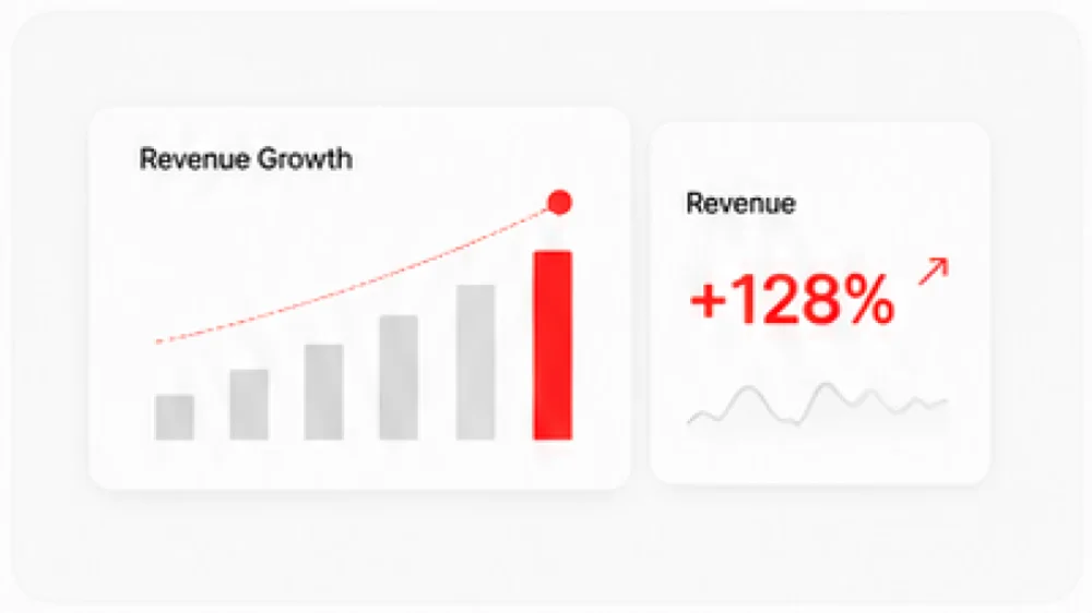 A revenue growth chart showing a 128 percent increase