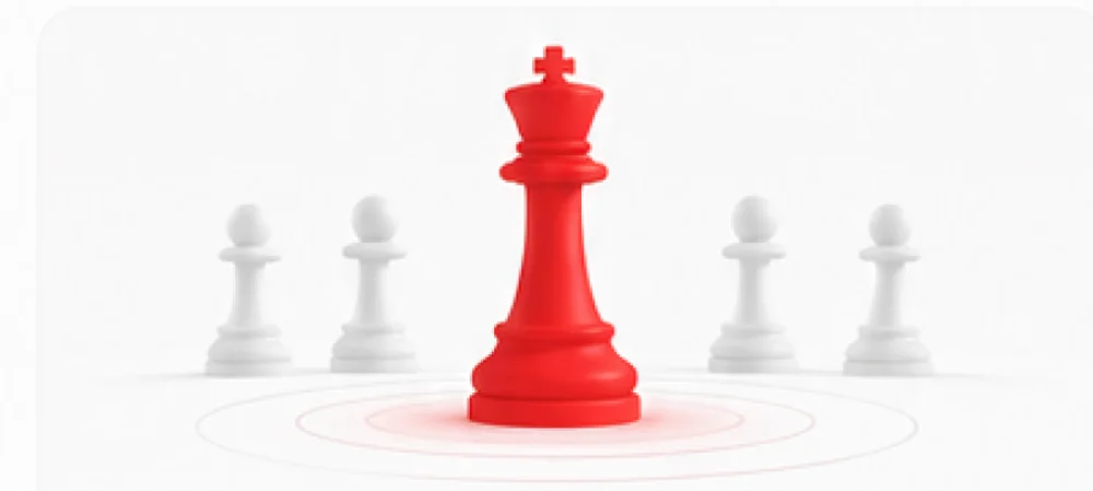 A red chess king standing among white pawns