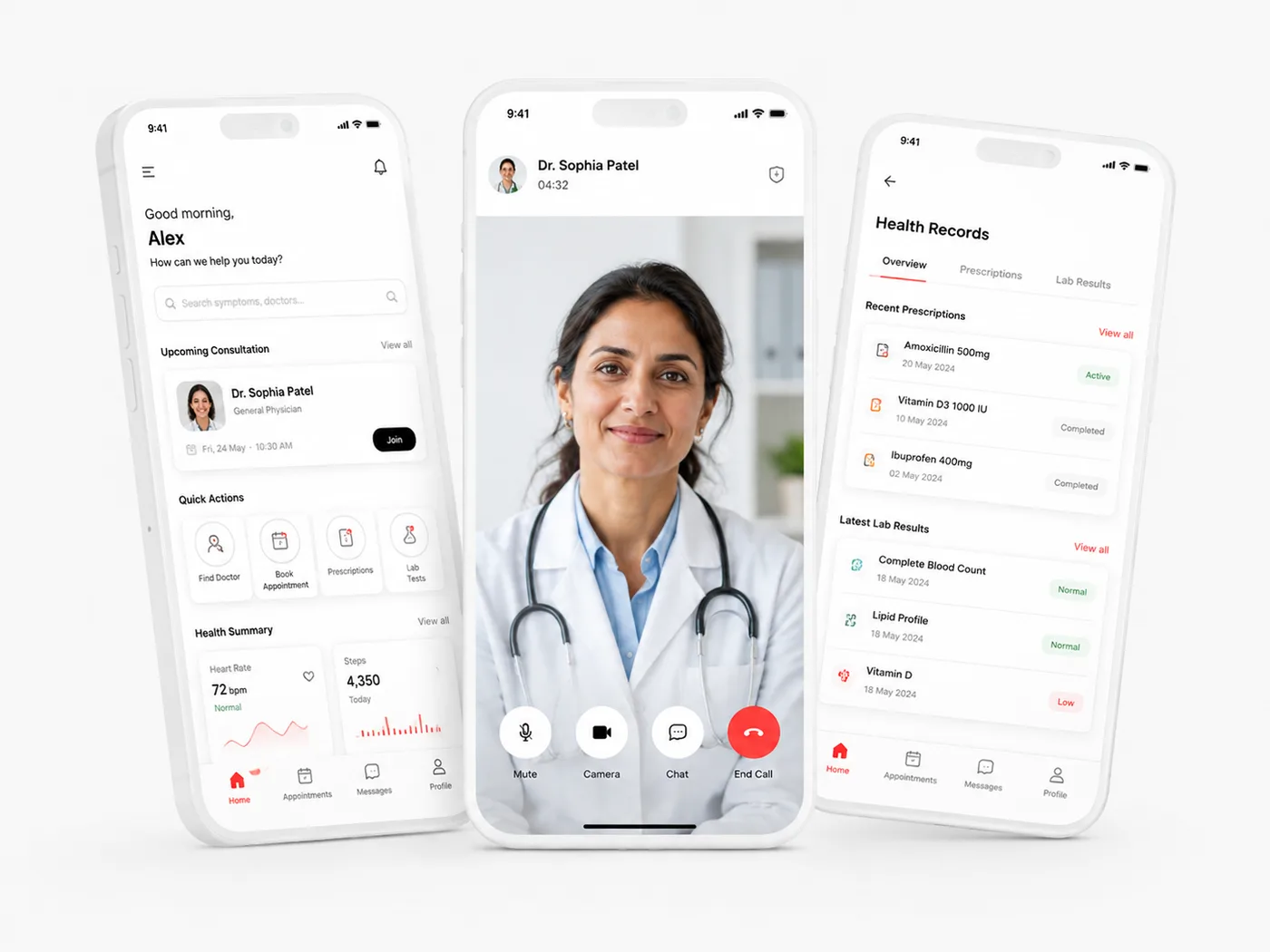 First Doctor telemedicine app — consultation and booking screens